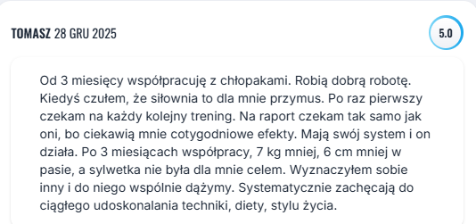 Zrzut ekranu wiadomości z opinią klienta Doktorzy Formy o współpracy treningowej (2)