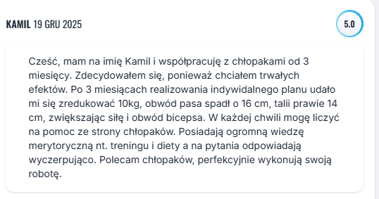 Zrzut ekranu wiadomości z opinią klienta Doktorzy Formy o współpracy treningowej (1)