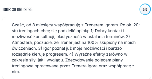 Zrzut ekranu wiadomości z opinią klienta Doktorzy Formy o współpracy treningowej (3)